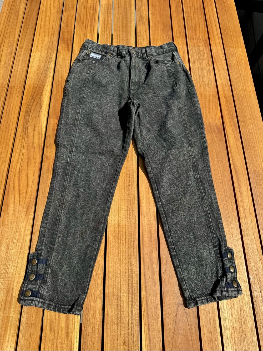 Vintage Women’s Black Washed Denim Pants - Casual Button-Cuff Tapered Fit